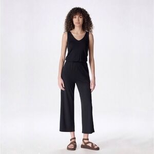Unbound Merino | Travel Wide Leg Jumpsuit Black Merino Wool Tencel Size L